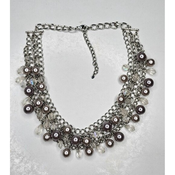 Statement Faux Pearl and AB Coated Cluster Beaded Choker Necklace 18" - Picture 2 of 4